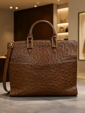 Lana Marks Classic Brown Ostrich- skin shoulder bag with Top Handle
